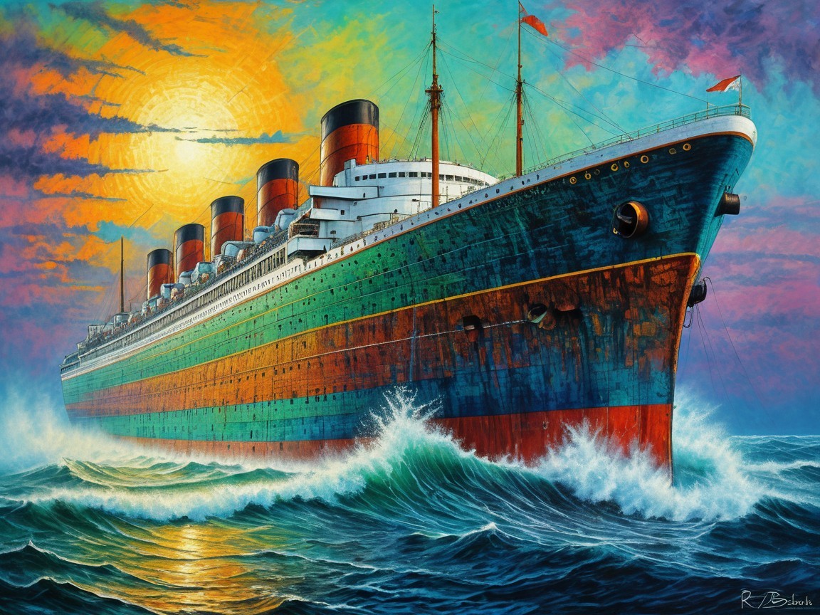 Majestic ocean liner sailing through vibrant sunset waves