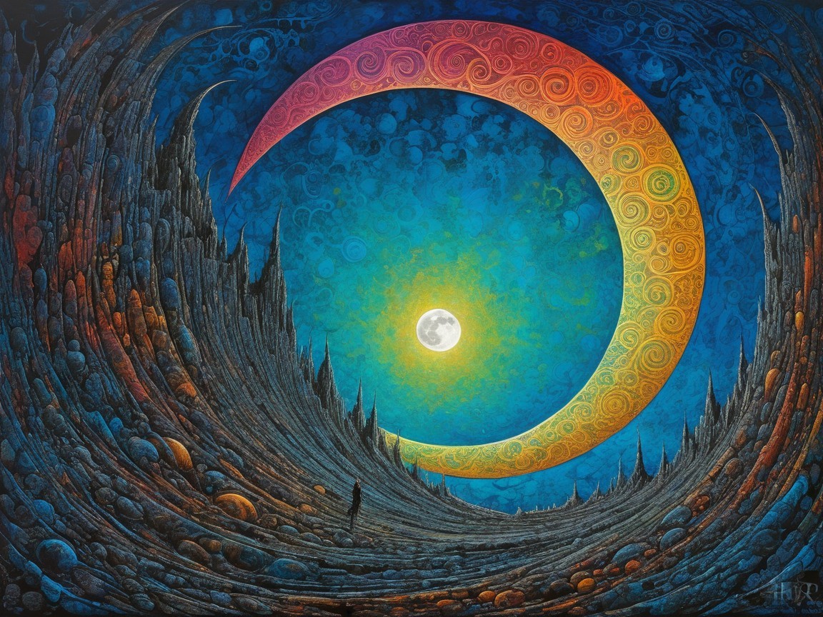 Surreal Landscape with Jagged Peaks and Moons