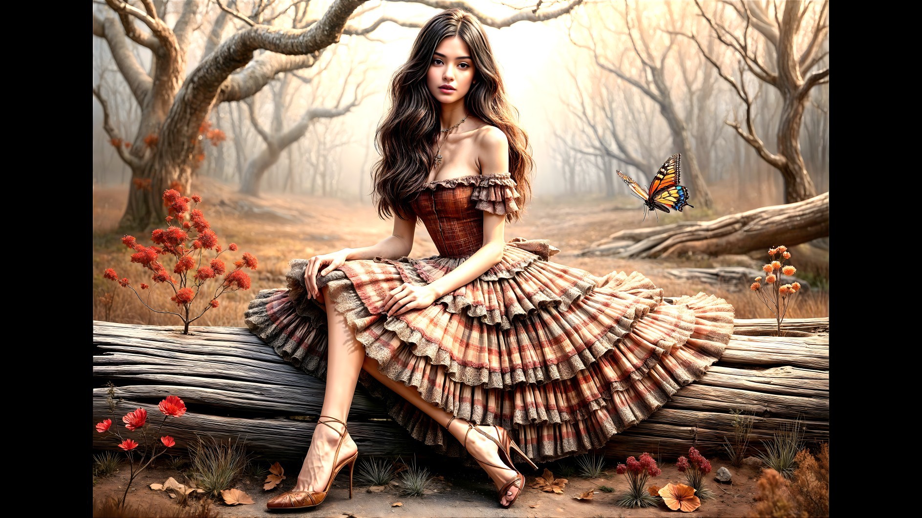 Young Woman in Vintage Dress in Misty Forest Setting
