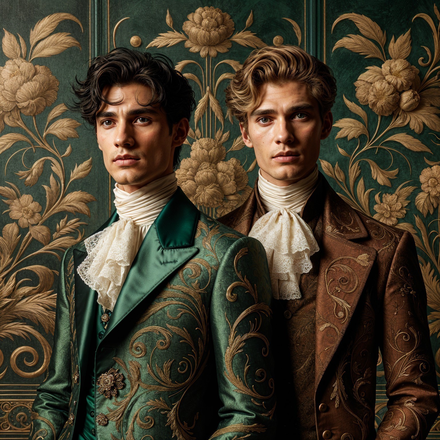 Vintage-style suits on young men with floral backdrop