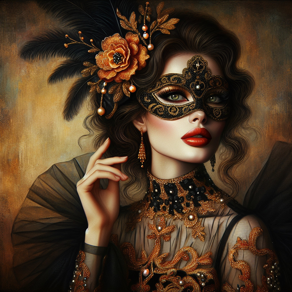 Elegant Woman in Black and Gold Masquerade Costume