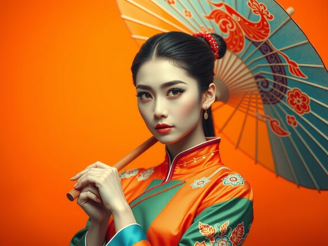 Young Woman in Traditional Outfit with Colorful Parasol