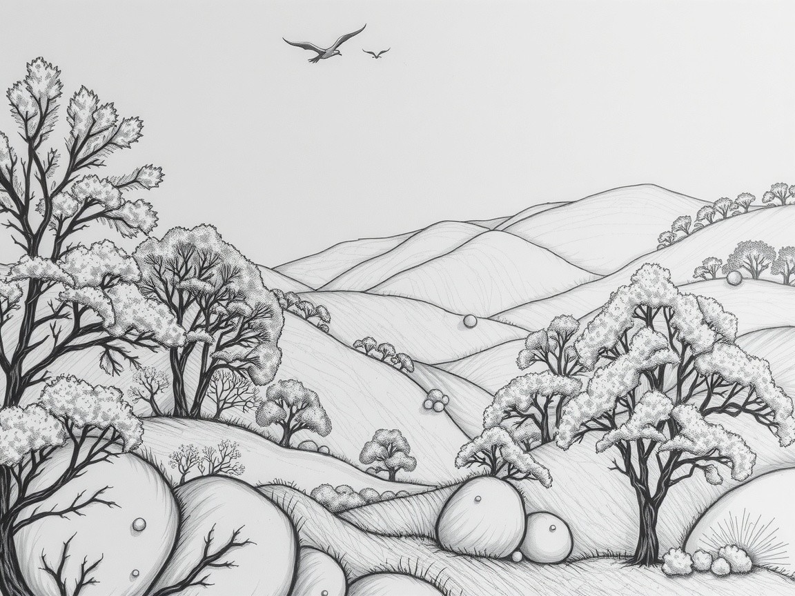 Serene Landscape Sketch of Rolling Hills and Trees