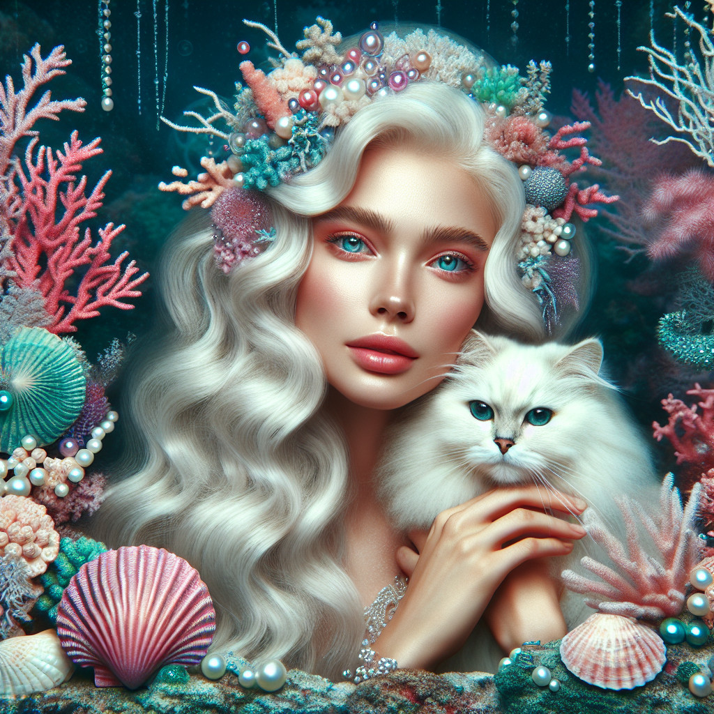Underwater Scene with Woman, Cat, and Coral Elements