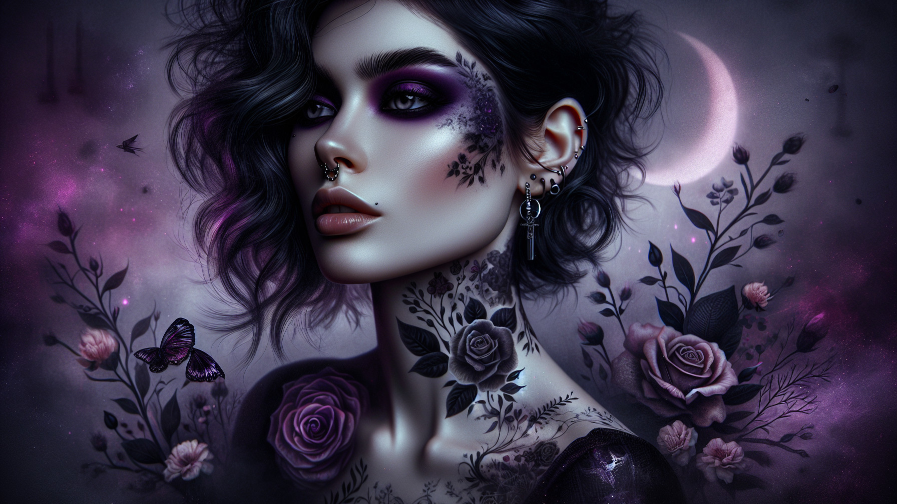 Portrait of a Woman with Dark Hair and Floral Tattoos
