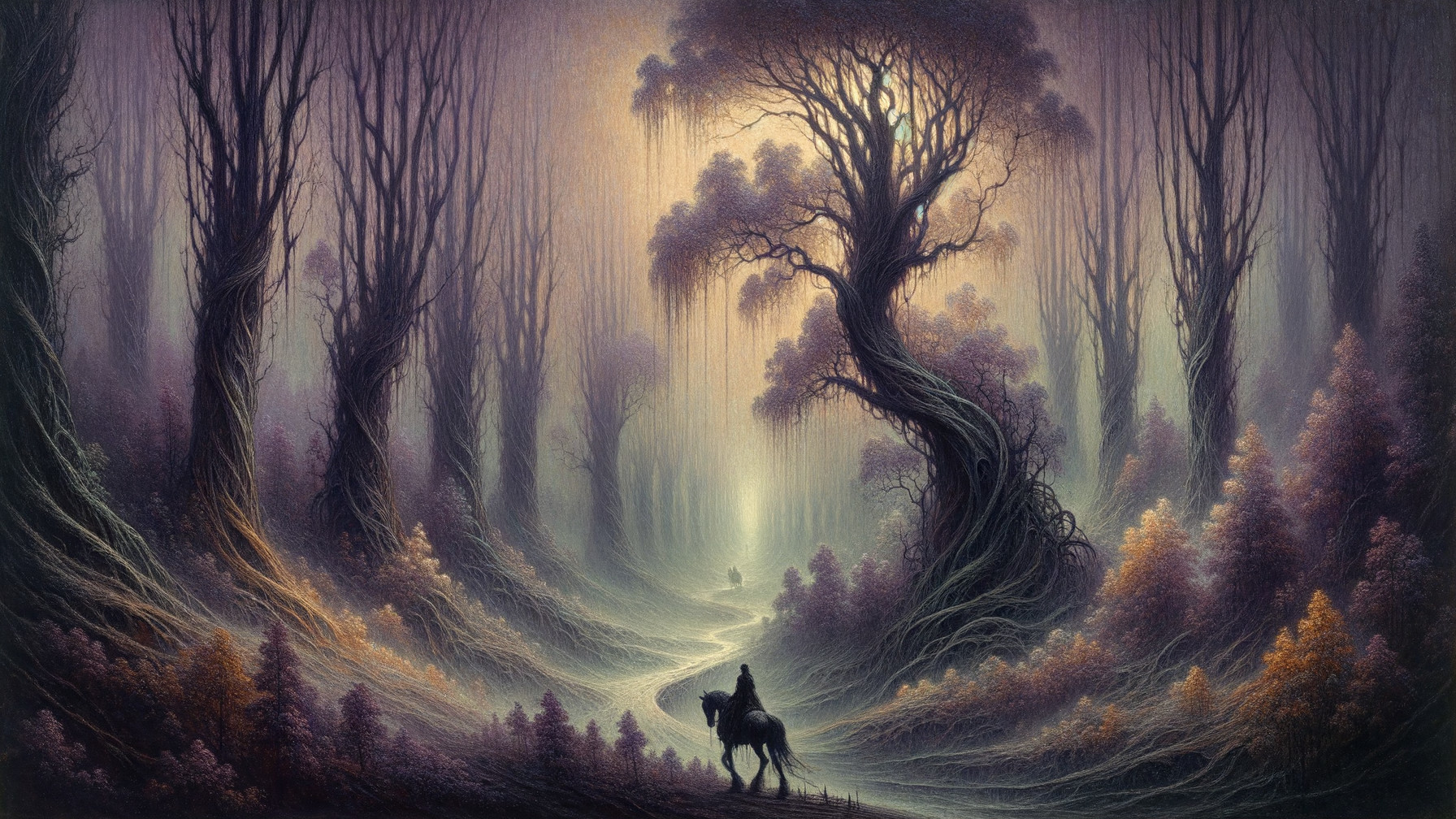 Enchanted forest pathway with mist and twisted trees