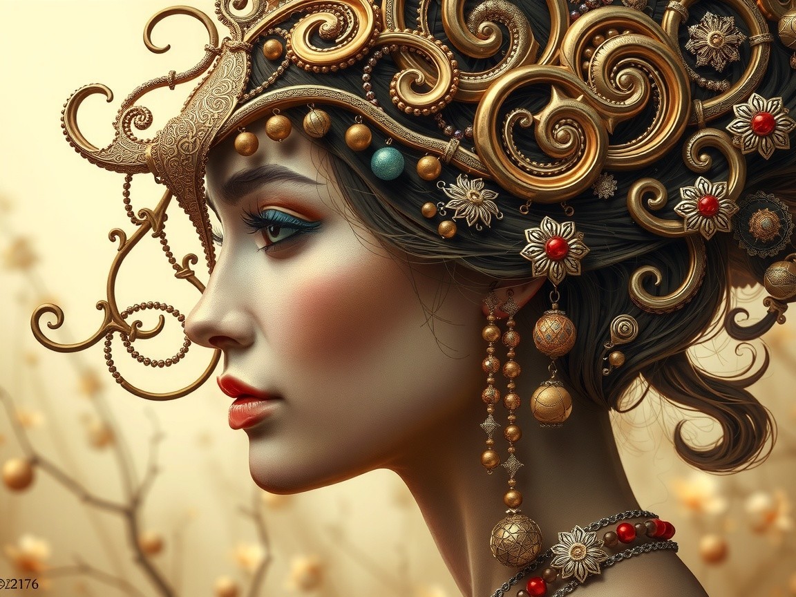Profile of a Woman with Golden Hair Accessories