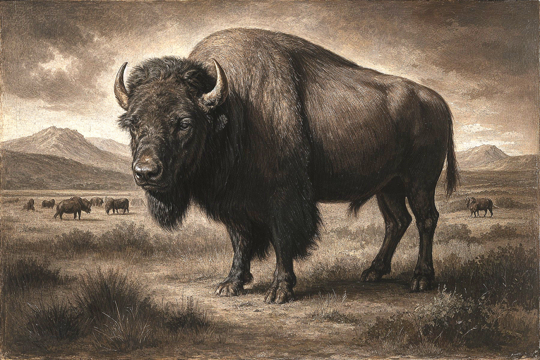 Bison in a Rugged Landscape Under Dramatic Sky