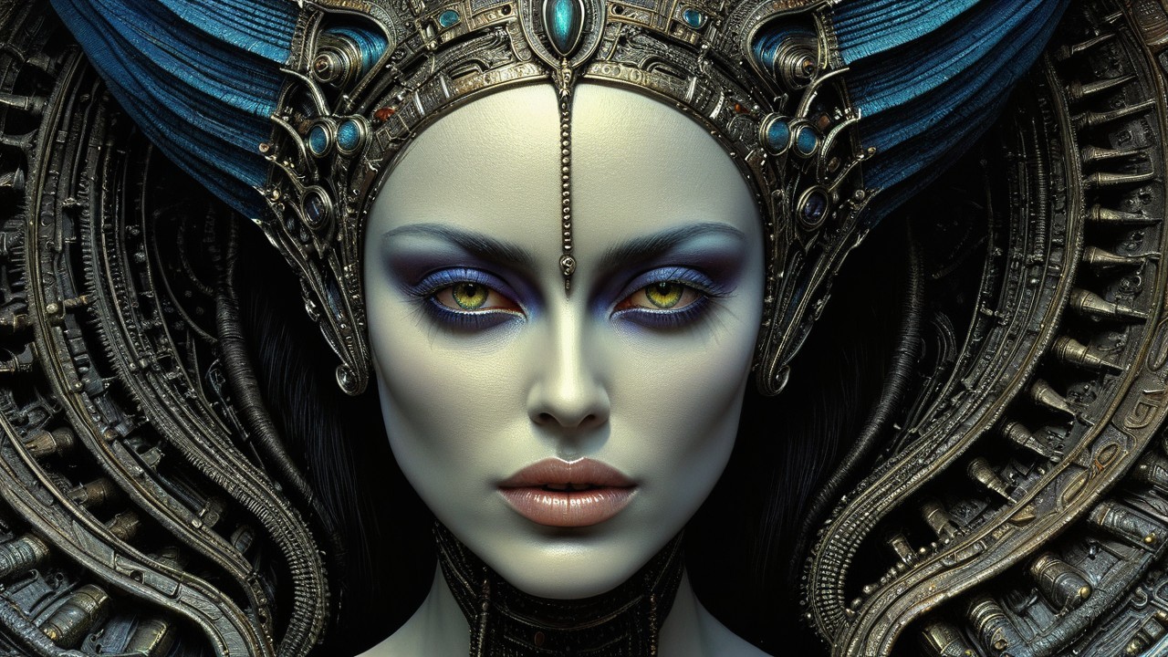 Woman with violet eyes and cybernetic elements