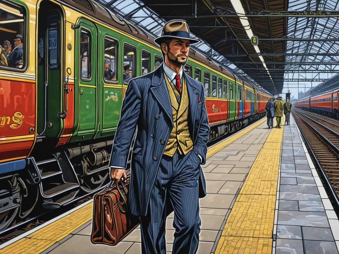 Elegant Man in Pin-Striped Suit at Vibrant Train Station