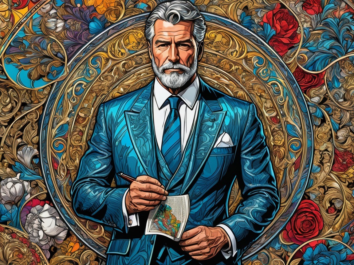 Sophisticated Man in Blue Suit with Floral Background