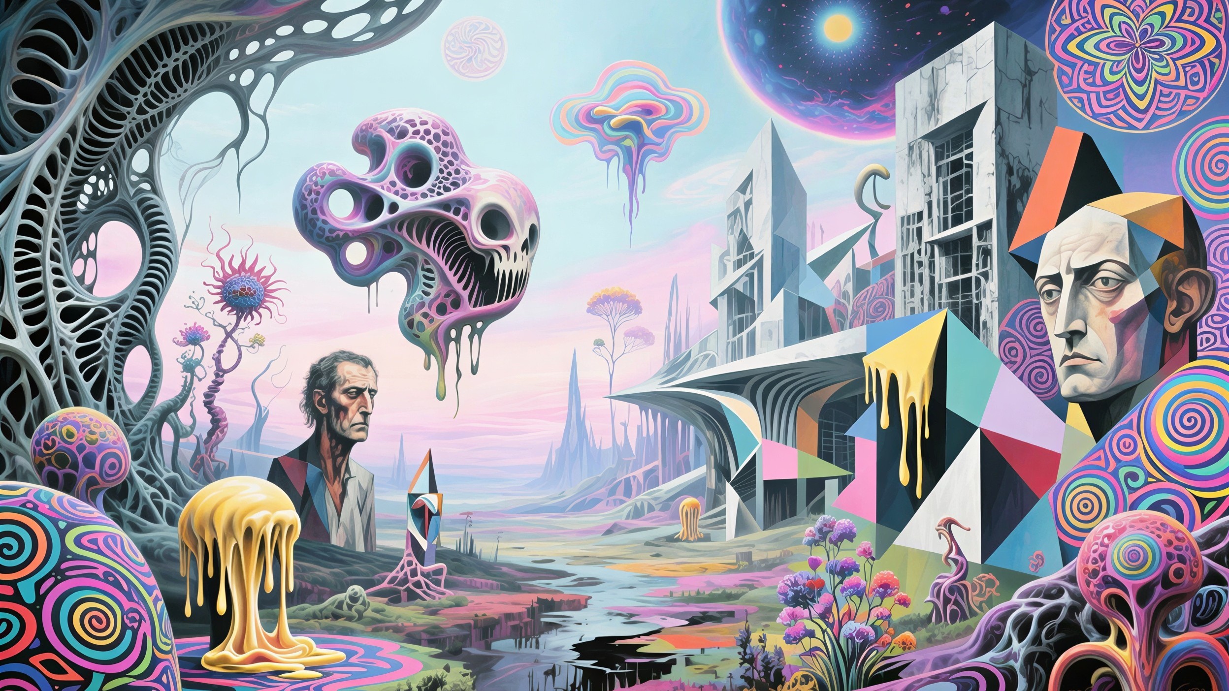 Psychedelic Landscape with Surreal Elements and Figures