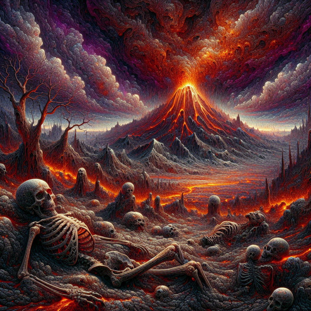 Surreal Landscape with Erupting Volcano and Skeletal Remains