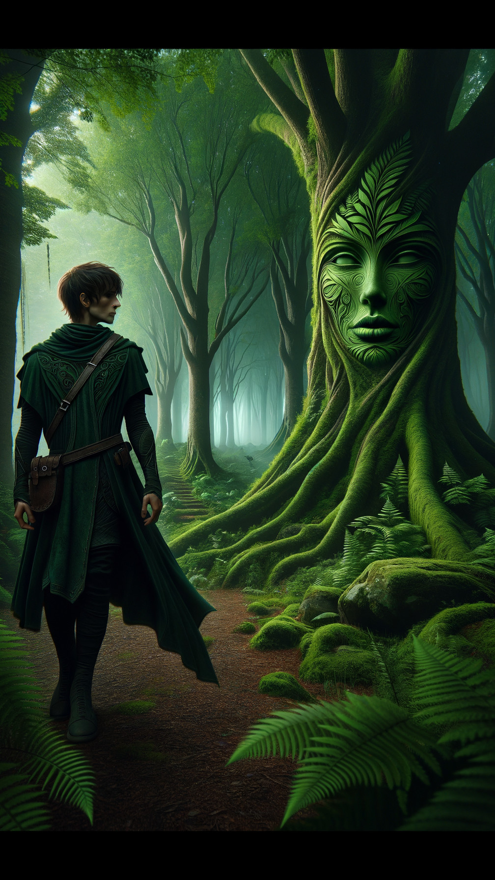 Young man encounters a colossal tree in a mystical forest