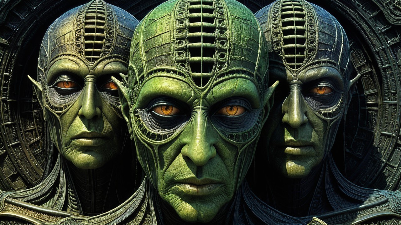 Three Alien Figures with Green Faces and Mechanical Details