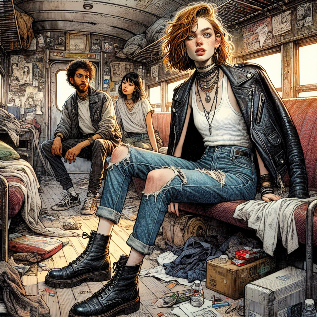 Retro Subway Car with Stylish Young Adults and Graffiti