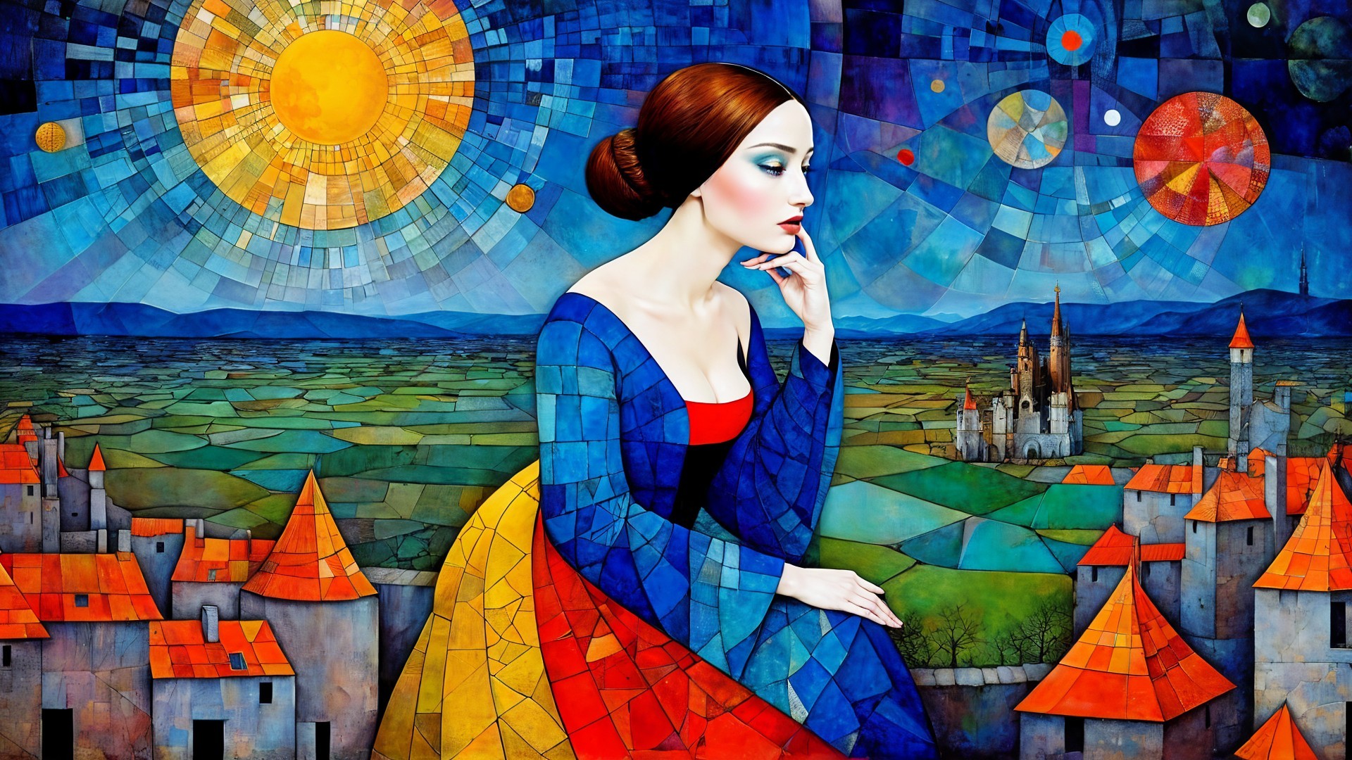 Contemplative Woman in Vibrant Gown Against Landscape