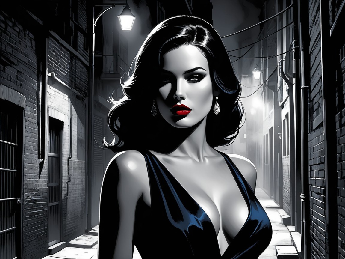 Noir-Inspired Scene of a Glamorous Woman in Black Dress