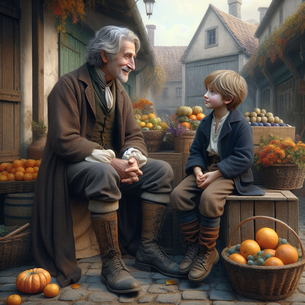 Elderly Man and Boy Share Joy in Quaint Market Square