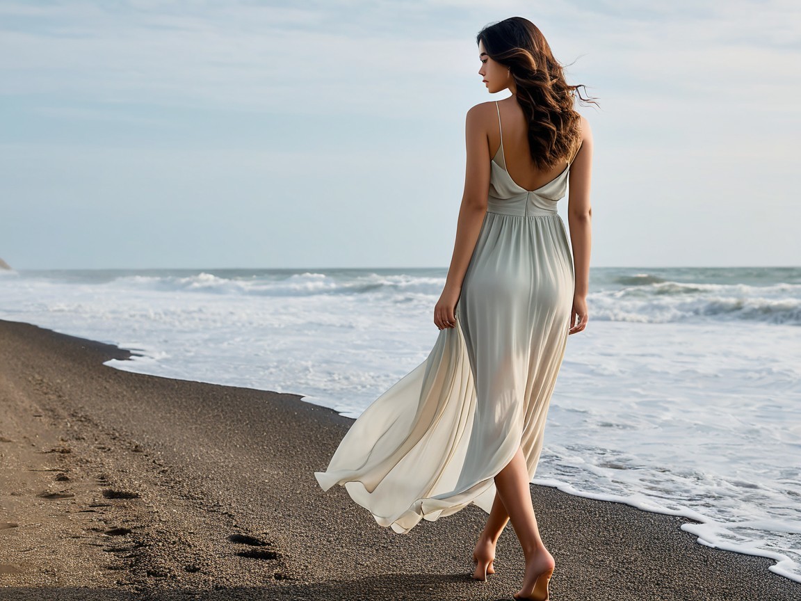 Woman in flowing dress walks on serene beach shore