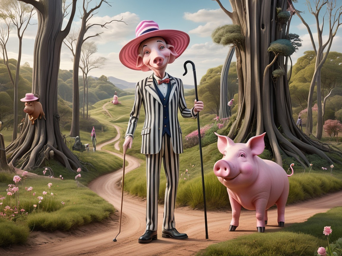 Whimsical Landscape with Cartoon Pigs in Striped Suits