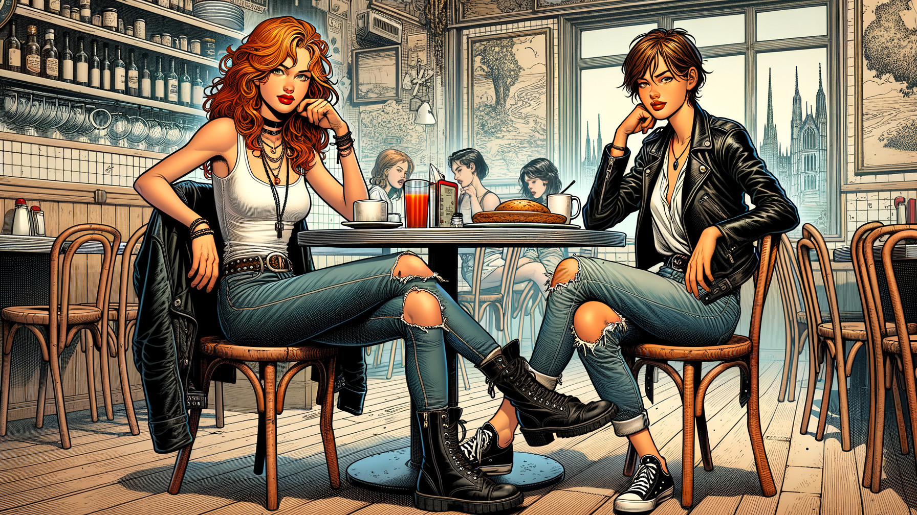 Stylish Young Women in Cozy Café Setting