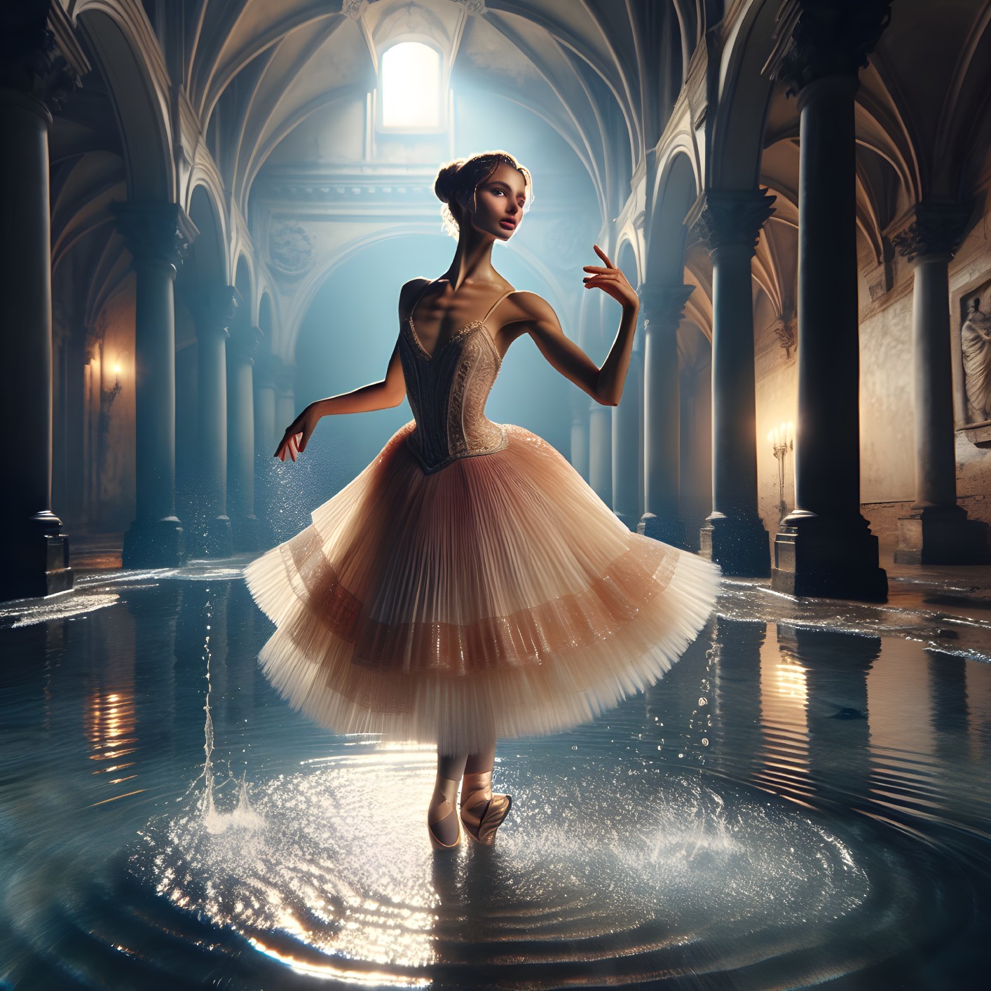 Ballerina in Elegant Space with Shimmering Water