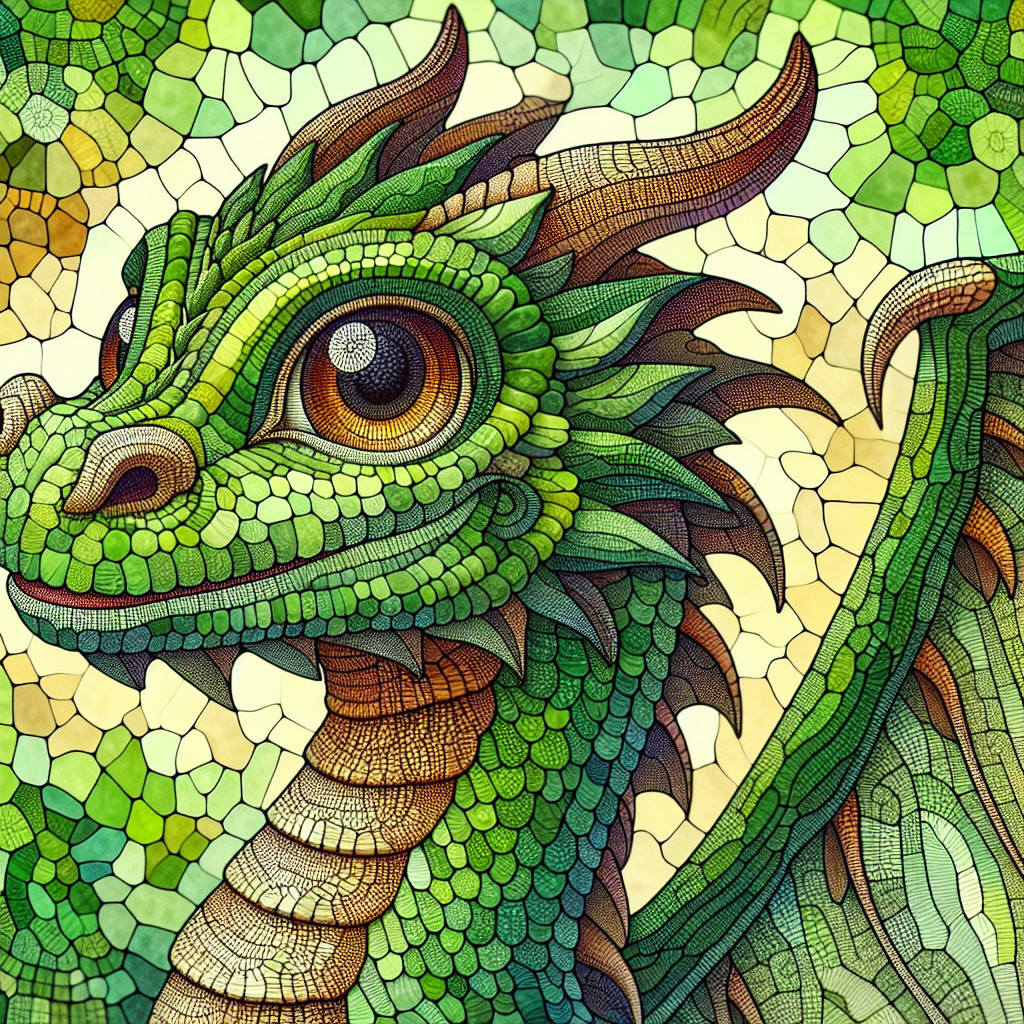 Whimsical Green Dragon with Intricate Scales and Background