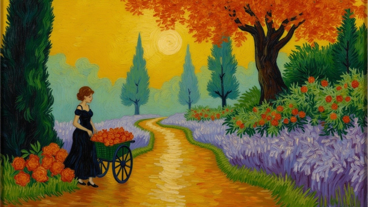 Serene landscape with woman, cart, and vibrant flowers