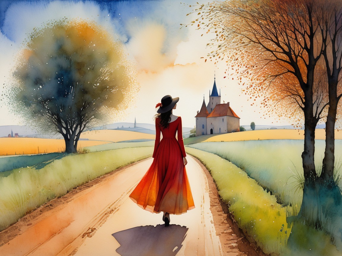 Woman in Red Dress on Sunlit Country Road
