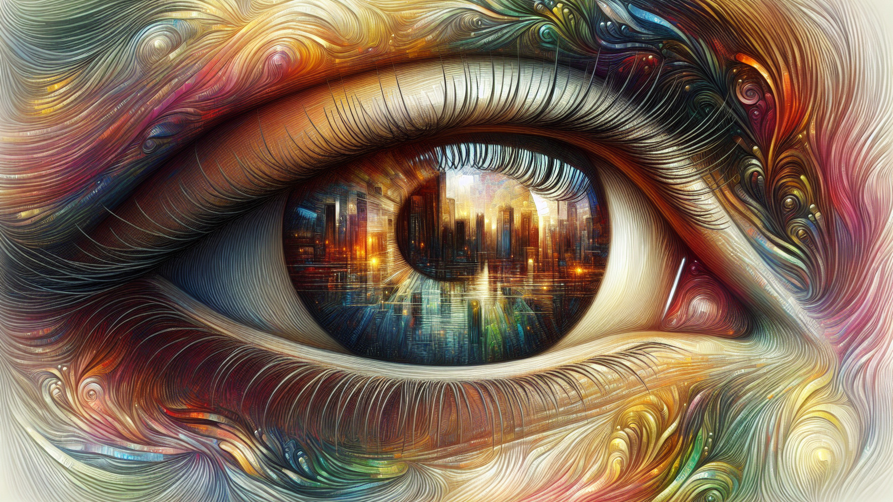 Vividly Colored Eye with Cityscape Reflection
