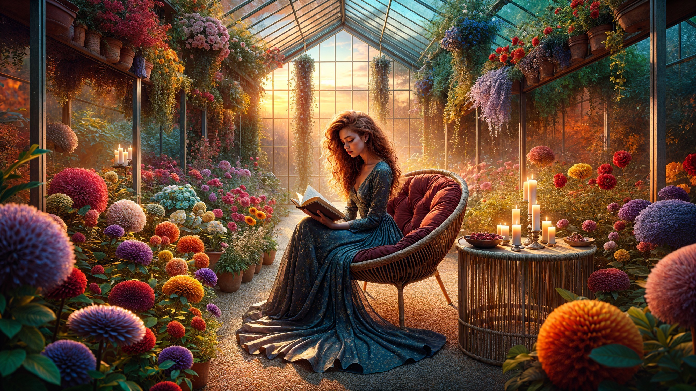 Young Woman Reading in a Flower-Filled Greenhouse