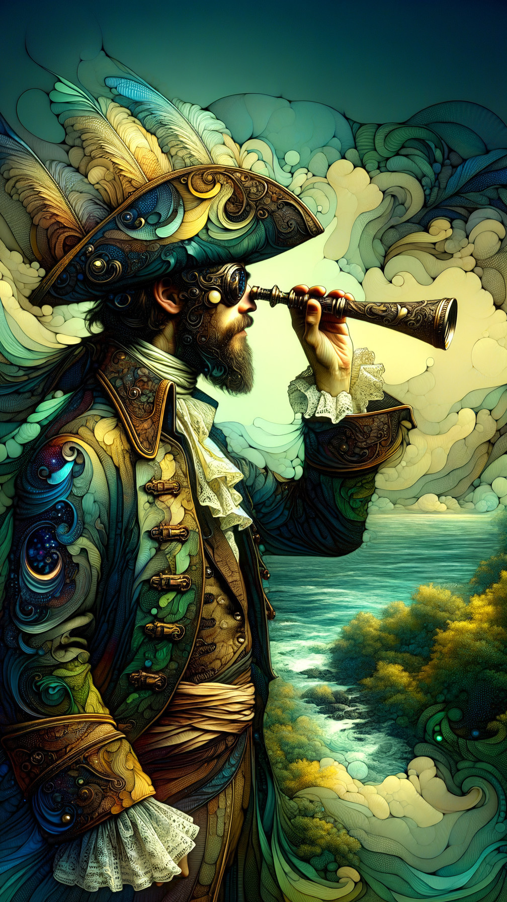 Whimsical Pirate on Coastal Cliff with Telescope