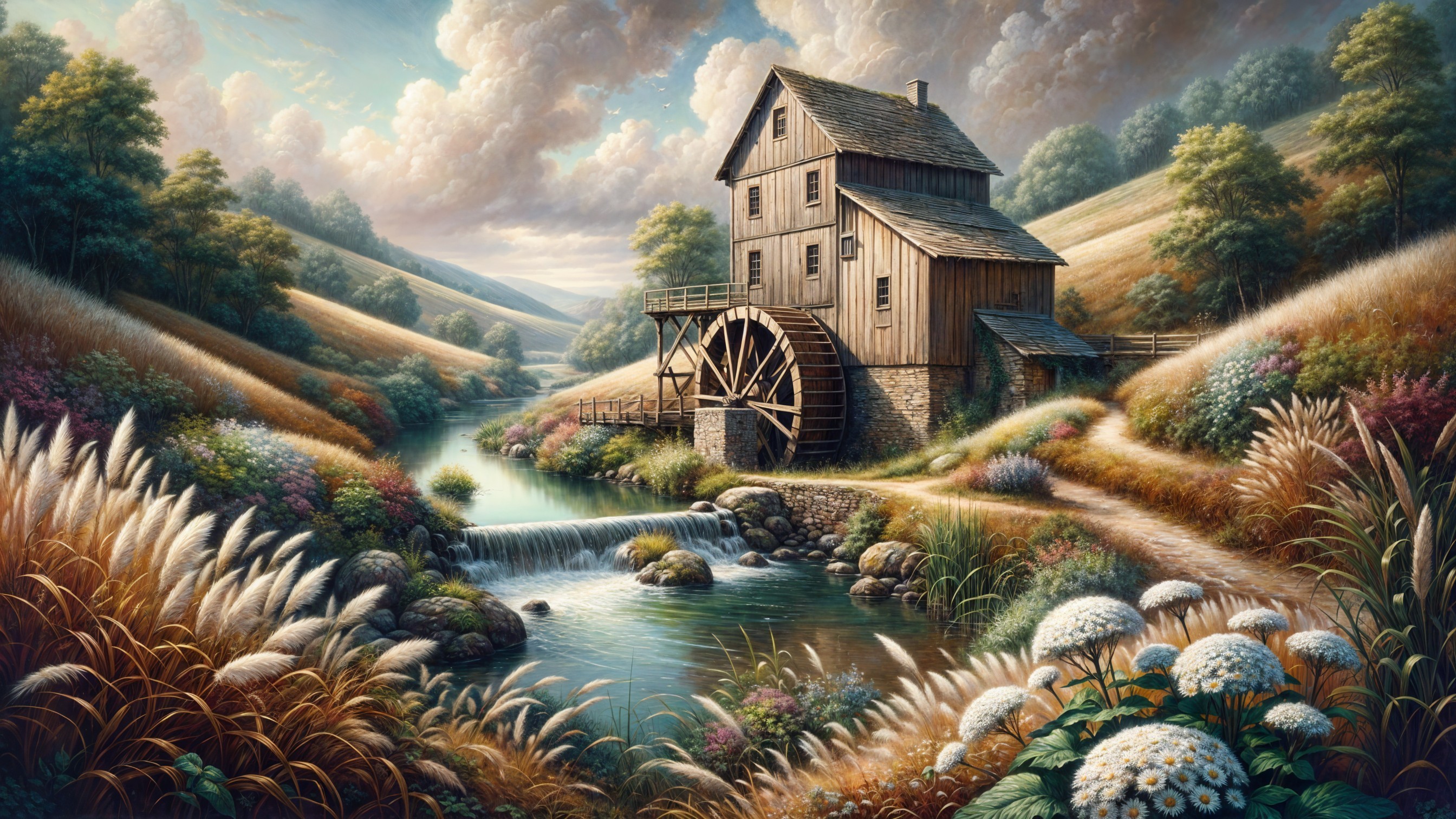 Rustic Wooden Mill by Flowing River in Countryside