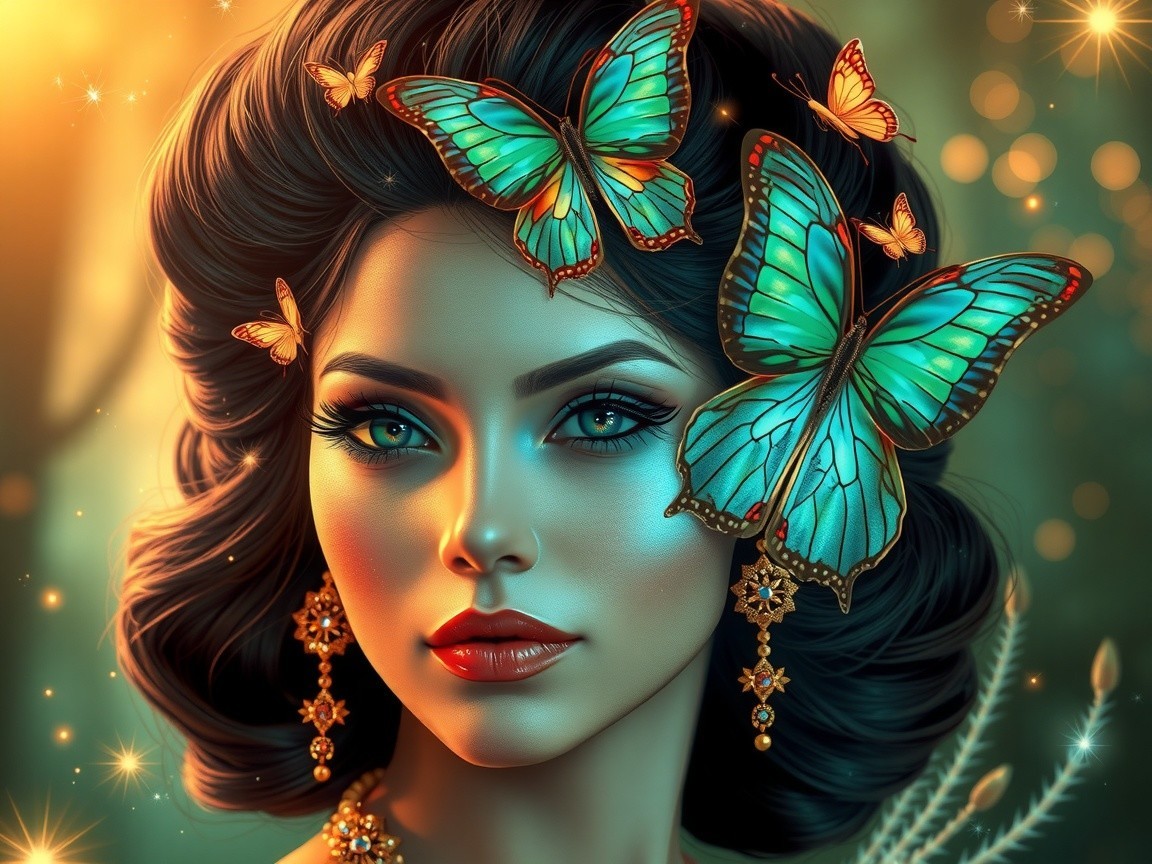 Portrait of a woman with butterflies and serene glow