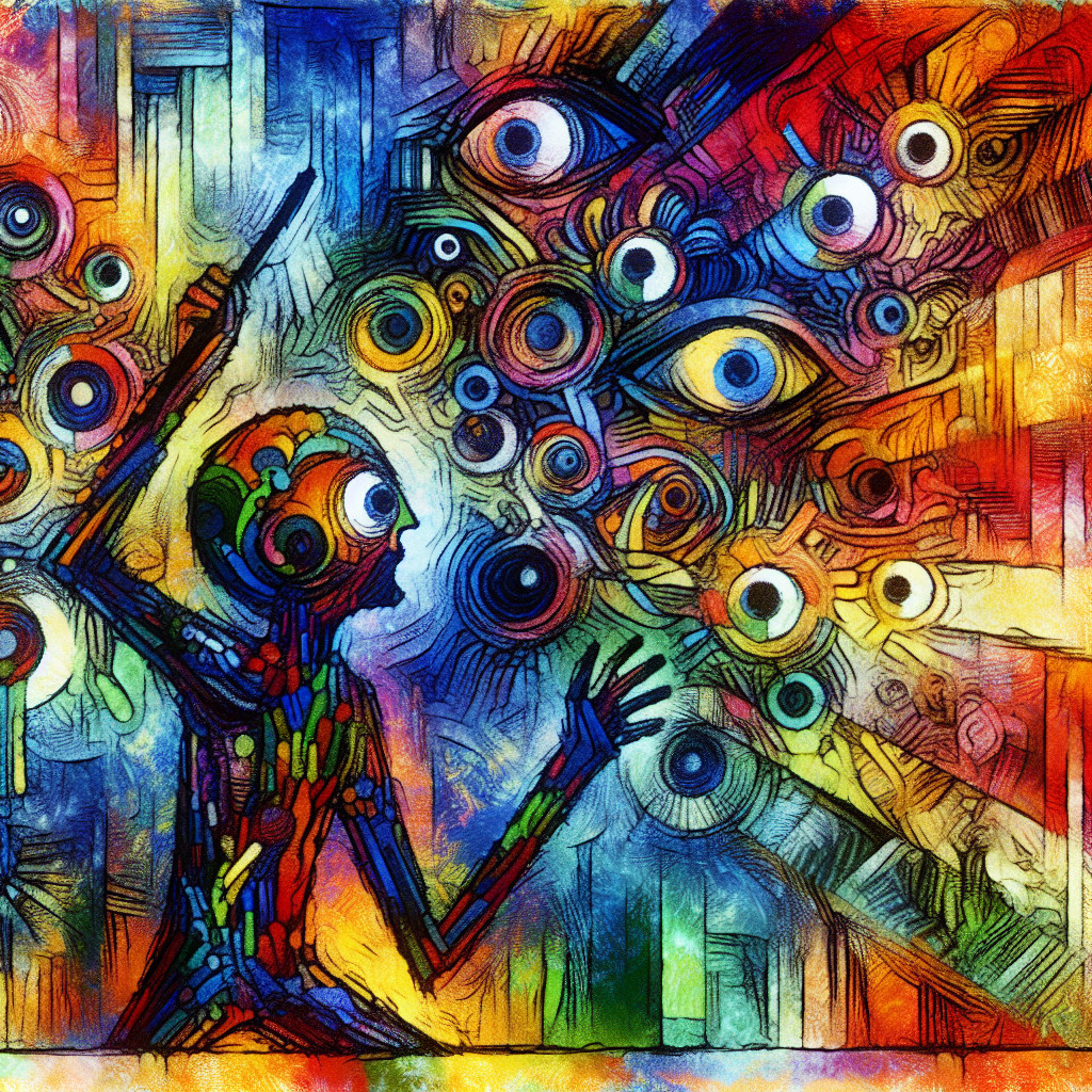 Abstract Figure with Wand Surrounded by Colorful Eyes