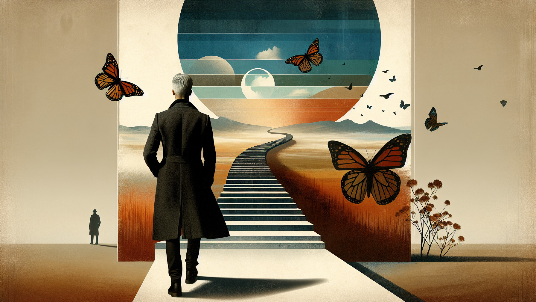 Surreal Landscape with Figure and Monarch Butterflies