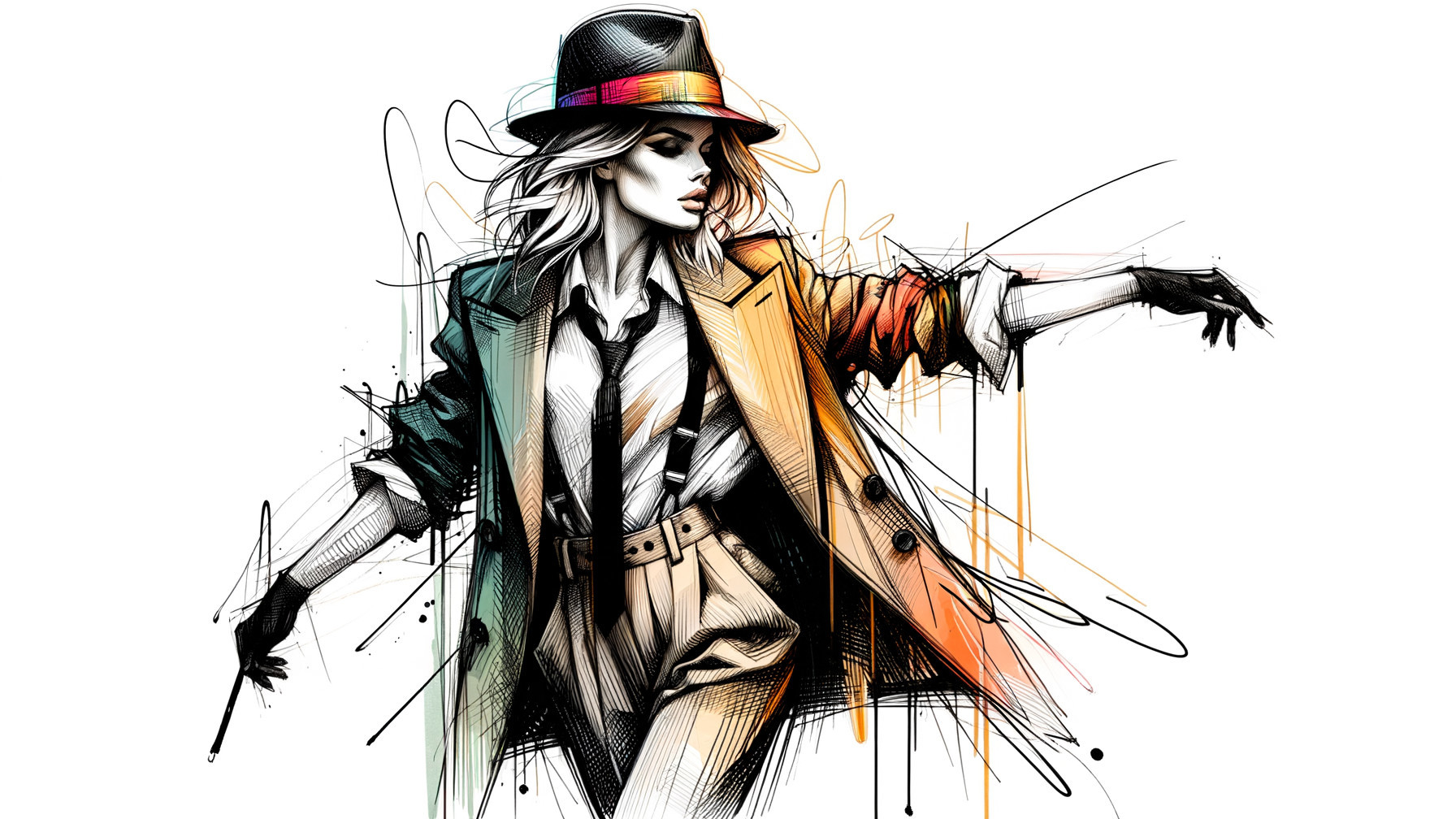 Stylish Woman in Oversized Coat with Artistic Background