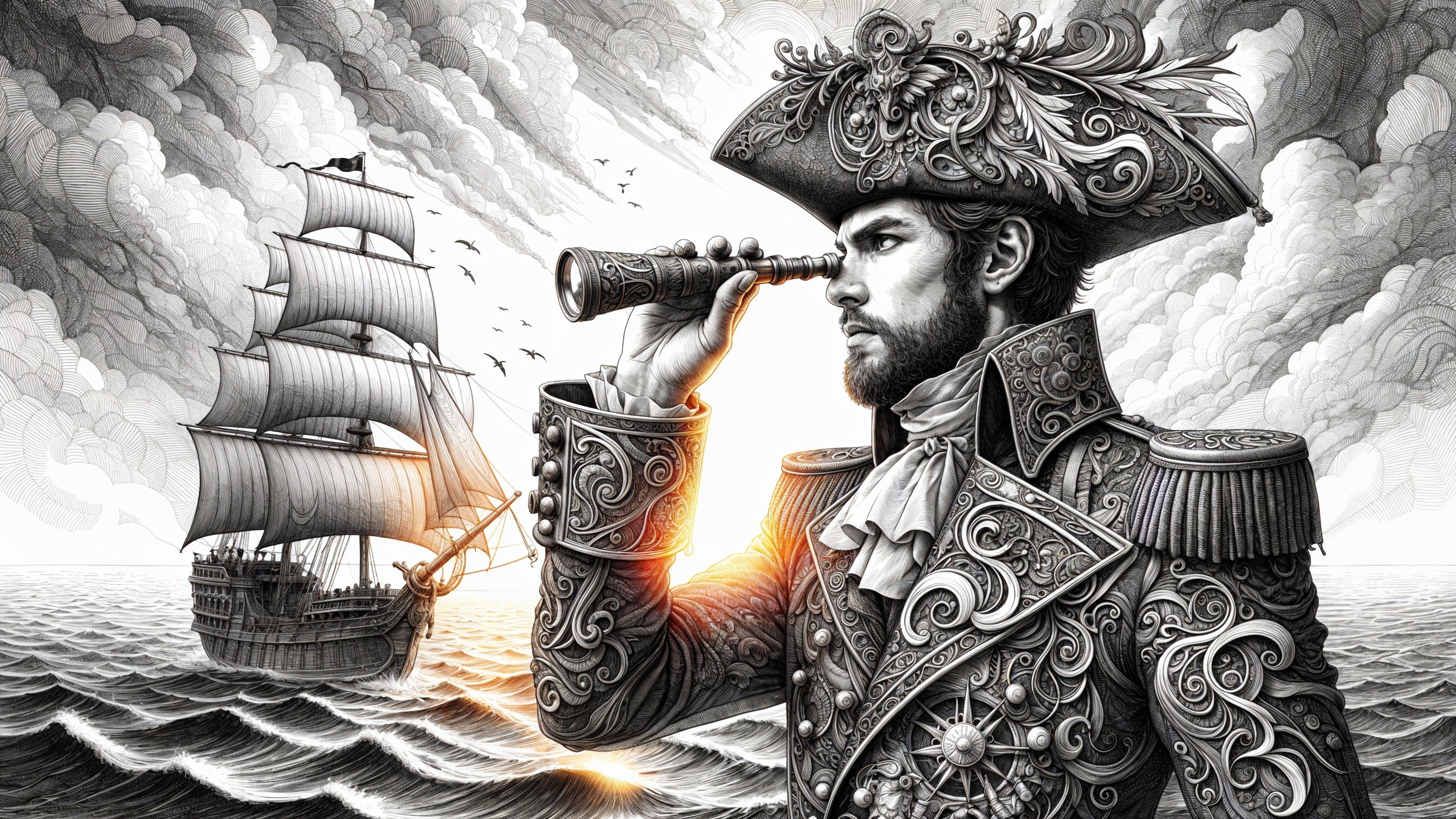 Black-and-white illustration of a naval captain at sea