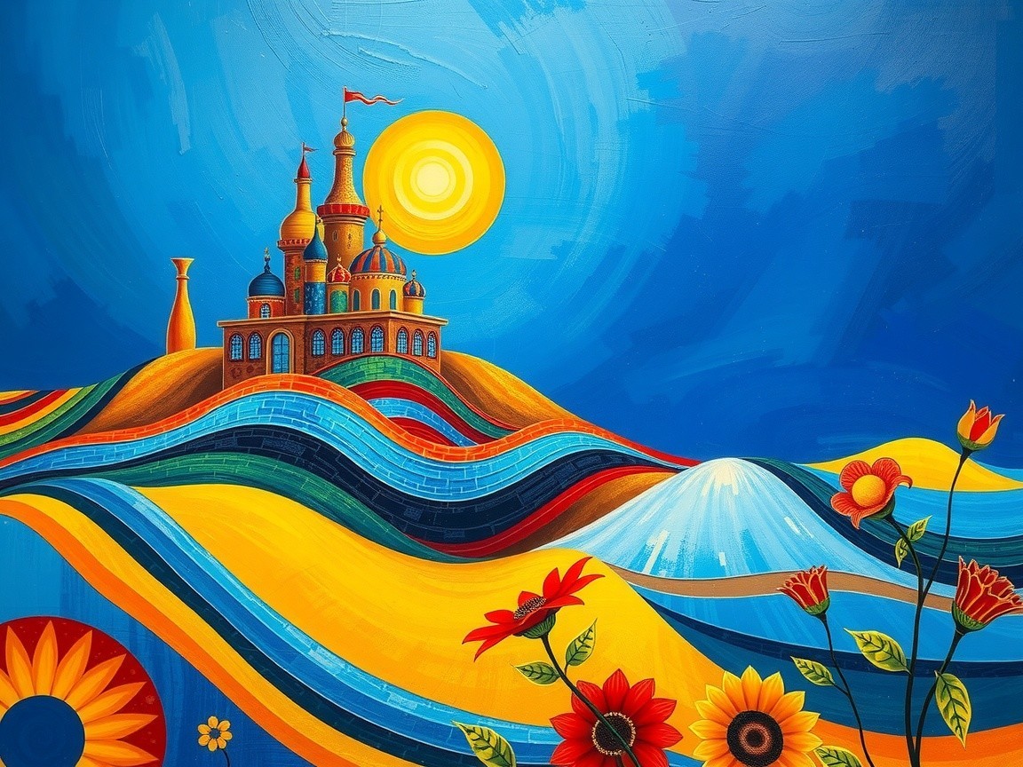 Colorful Landscape with Whimsical Castle and Flowers