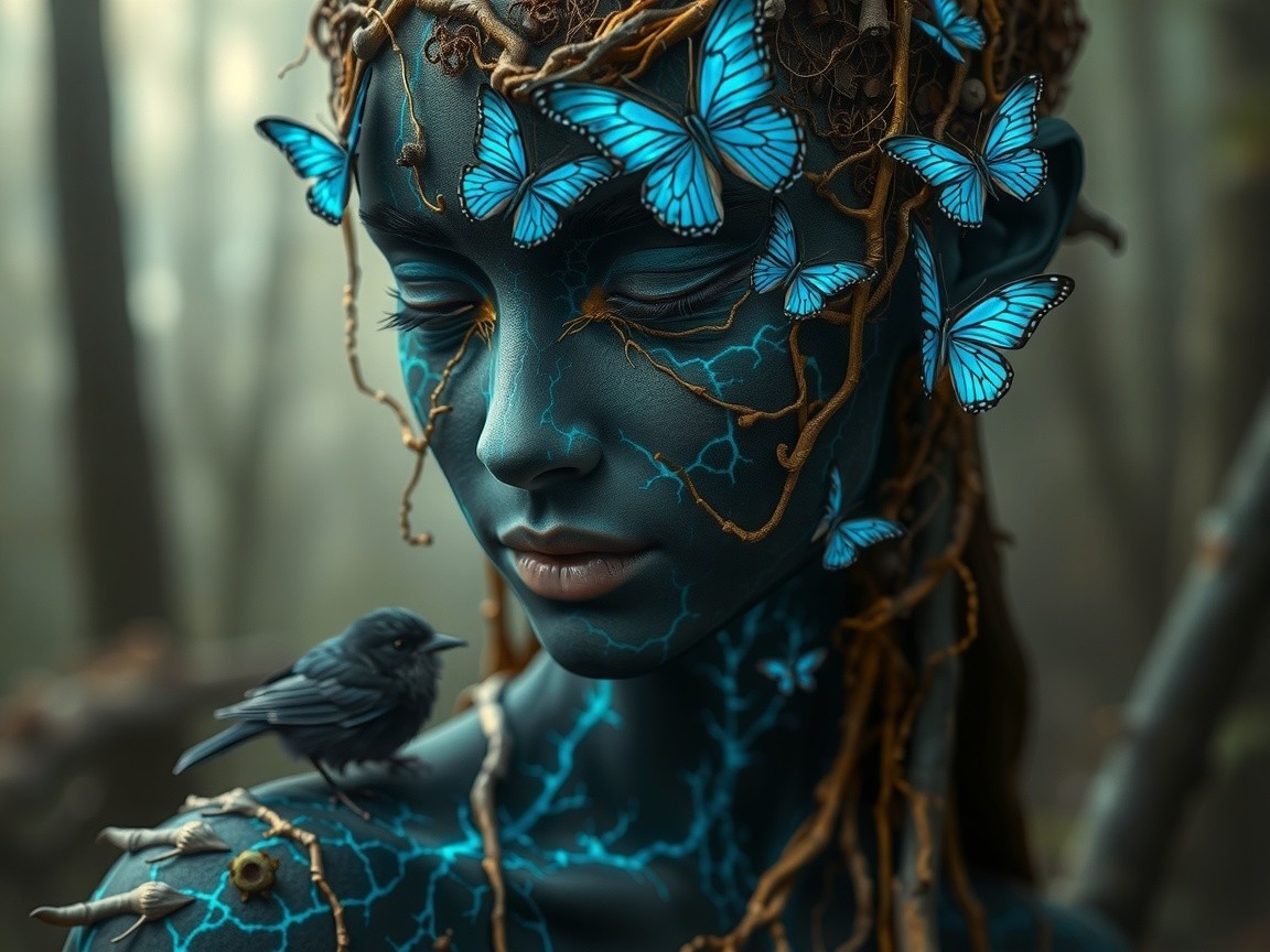 Humanoid Figure with Blue Skin and Nature Elements