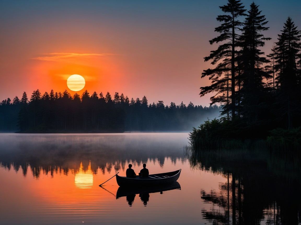 Silhouetted Men in Rowboat on Calm Lake at Sunrise