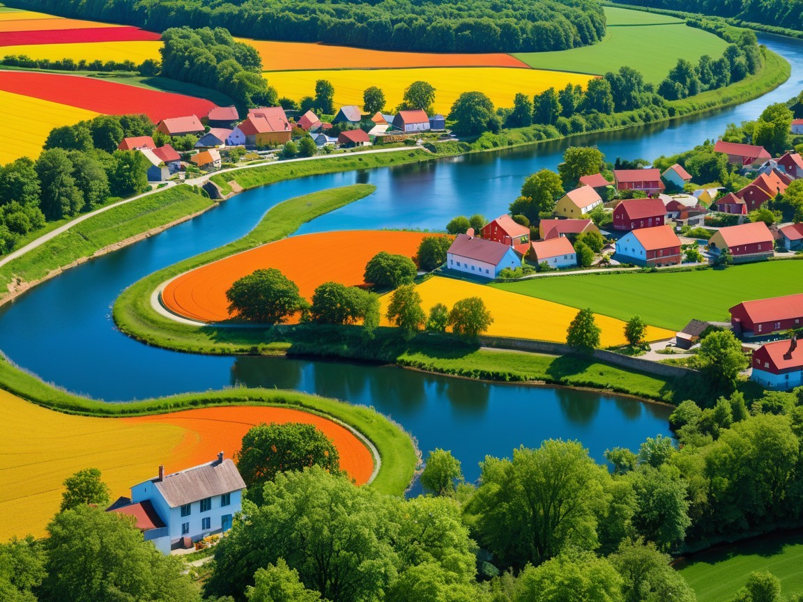 Vibrant Landscape with River and Flower Fields