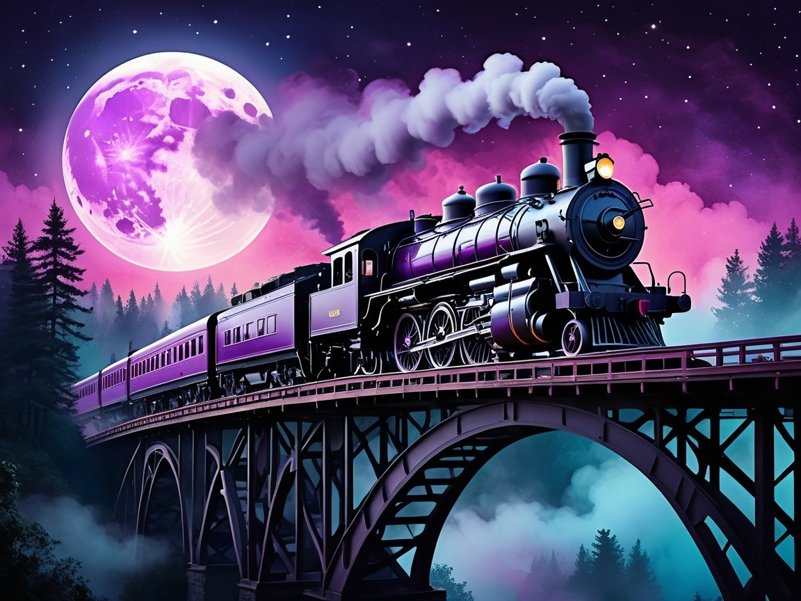 Steam Train Crossing Bridge Under Night Sky