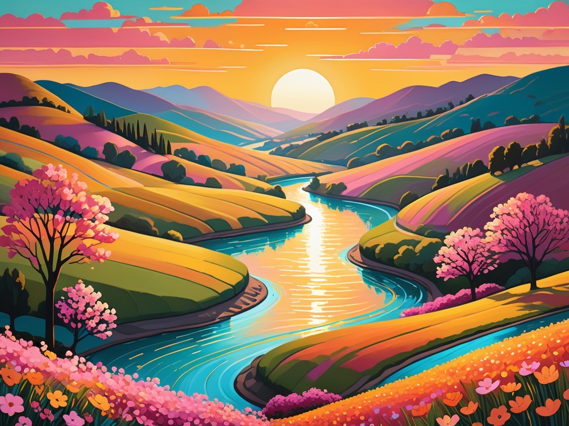 Vibrant Landscape with Hills, Wildflowers, and River