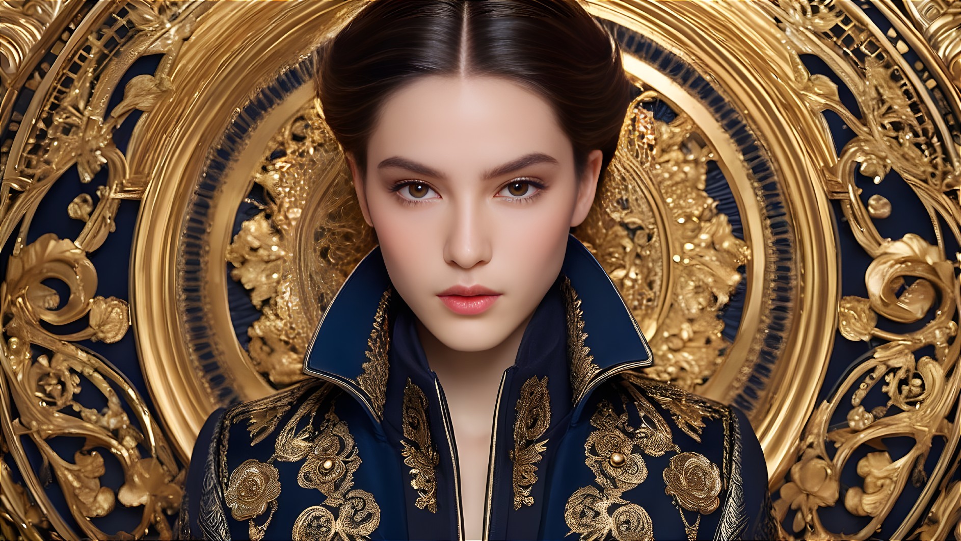Portrait of a Young Woman in Navy Blue Attire