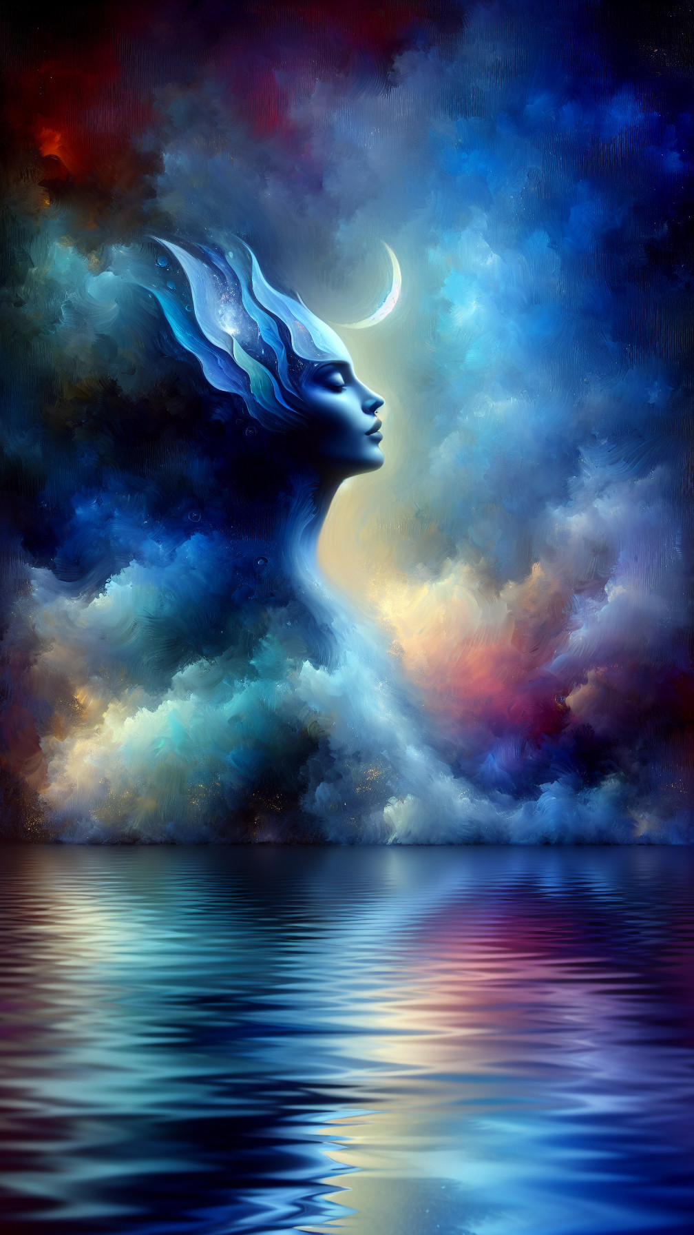 Surreal Woman Profile Amidst Vibrant Clouds and Moon