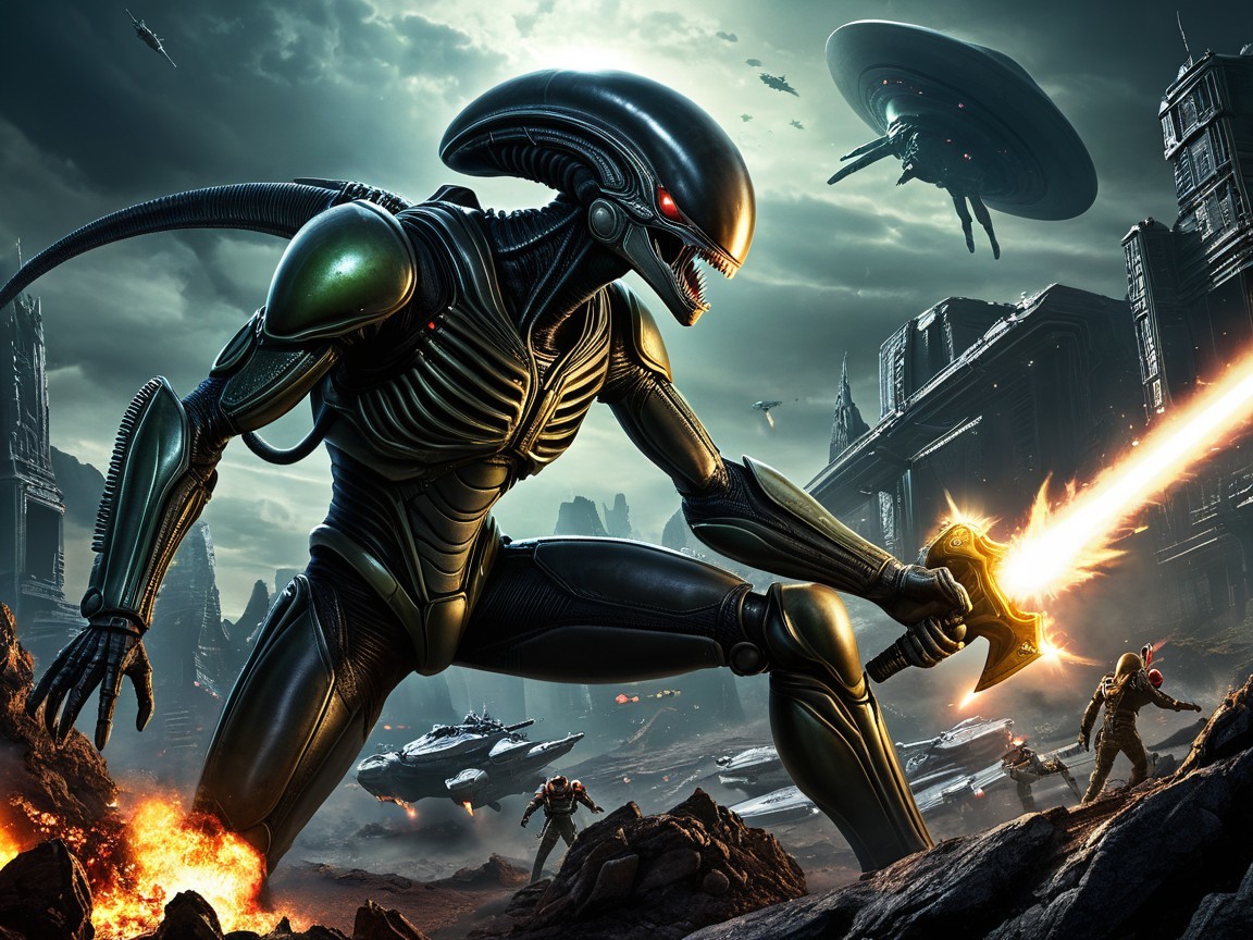 Futuristic Dystopian Scene with Alien Creature and Battle
