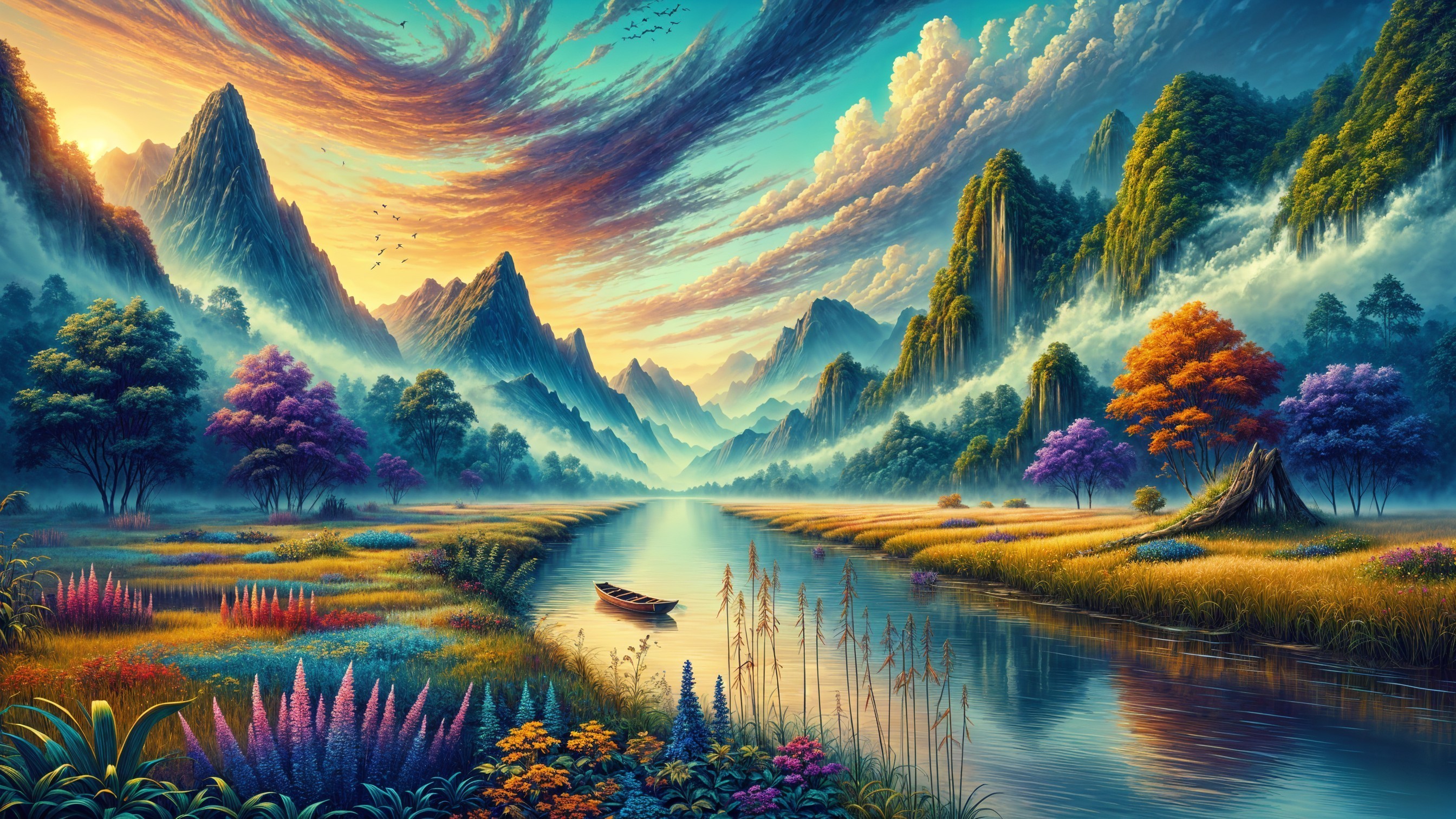 Serene Landscape with Vibrant Flora and Mountains