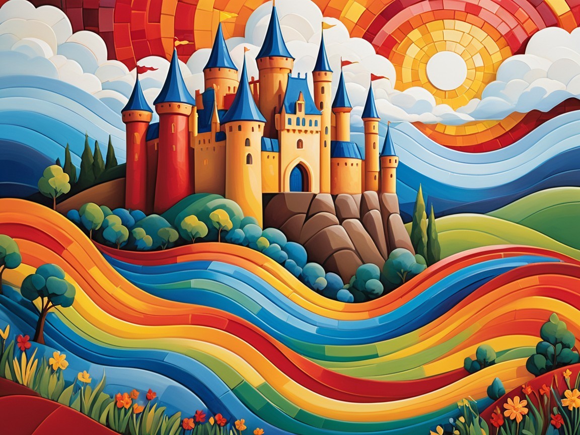 Whimsical Landscape with Colorful Castle and Streams